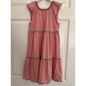 Mini Boden Cap Sleeve Coral & White Striped Midi Dress Blue Pom-Pom Trim Sz 9-10